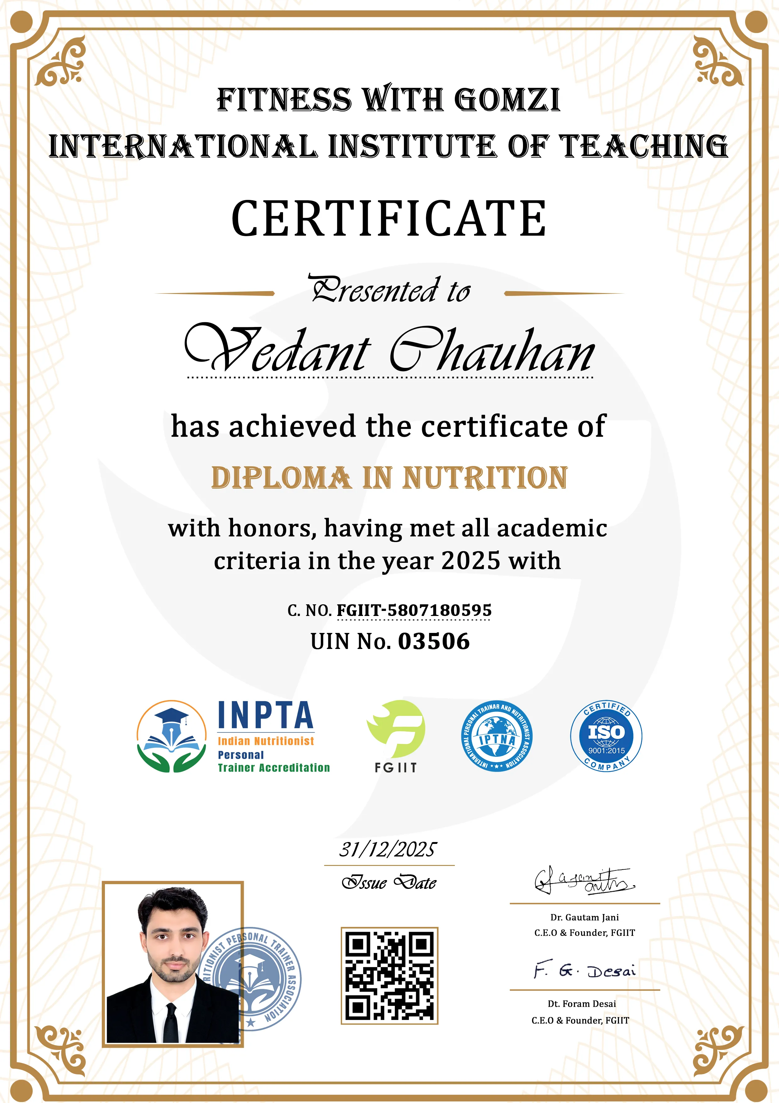 Diploma In Nutrition Demo Certificate
